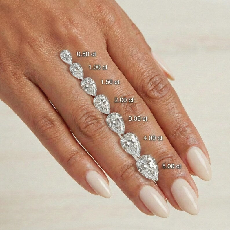 Lab grown pear shaped diamond with sizes 0.50 ct, 1 ct, 1.50 ct, 2 ct, 3 ct, 4 ct, 5 ct