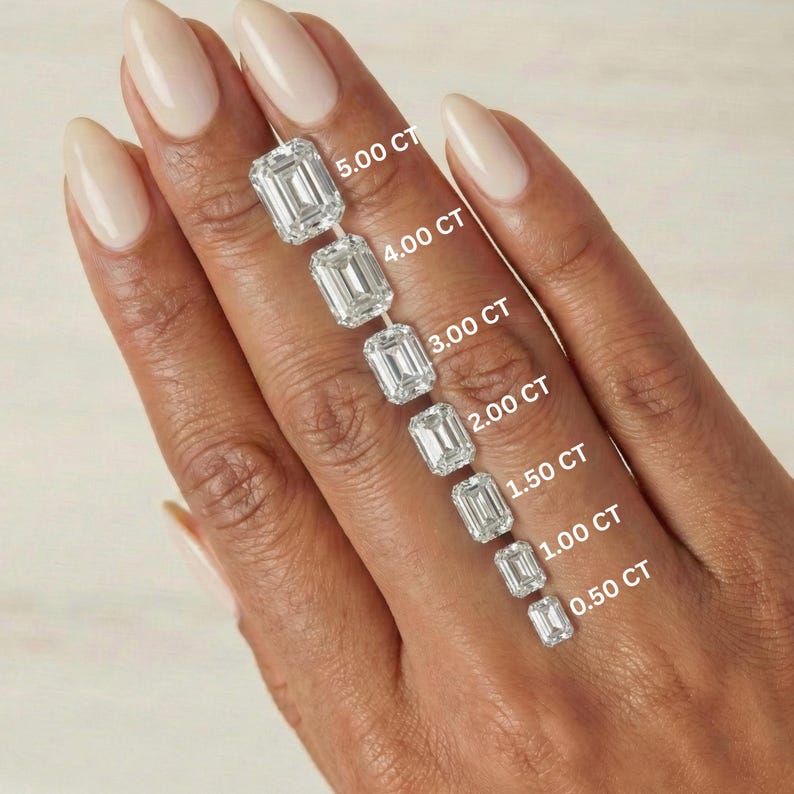 Lab grown emerald cut diamond with sizes 0.50 ct, 1 ct, 1.50 ct, 2 ct, 3 ct, 4 ct, 5 ct
