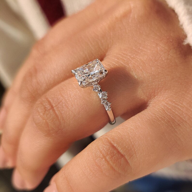 Handmade radiant cut diamond ring with hidden halo sparkle.