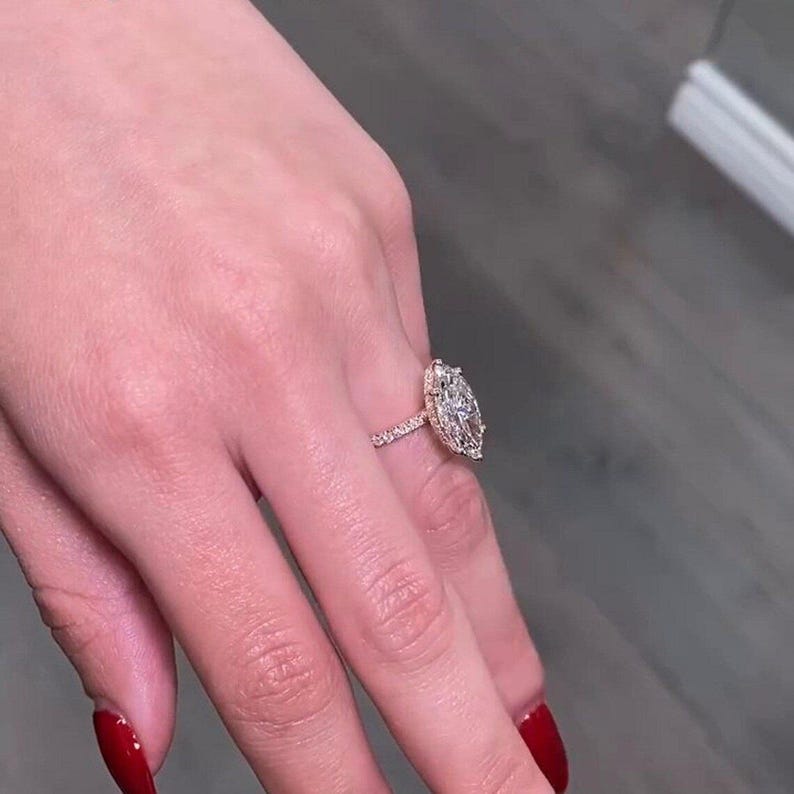 4 CT Marquise Cut Moissanite Engagement Ring, 14K Solid Gold 6 Prong With Hidden Halo Ring, Elongated Marquise Solitaire Bridal Wedding Ring image 3
