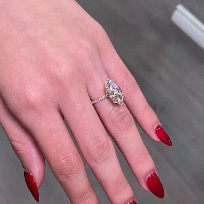 4 CT Marquise Cut Moissanite Engagement Ring, 14K Solid Gold 6 Prong With Hidden Halo Ring, Elongated Marquise Solitaire Bridal Wedding Ring image 2