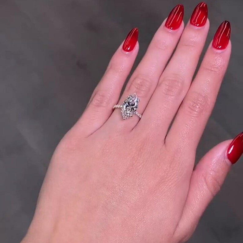 4 CT Marquise Cut Moissanite Engagement Ring, 14K Solid Gold 6 Prong With Hidden Halo Ring, Elongated Marquise Solitaire Bridal Wedding Ring image 4