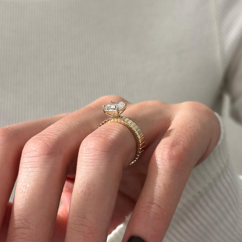 UNIQUE 2 Carat Asscher Cut Lab Grown Diamond Brick Band Solitaire Ring: 14k Yellow Gold Flush Fit 3.5MM Engagement Ring / Vintage Style Ring image 4