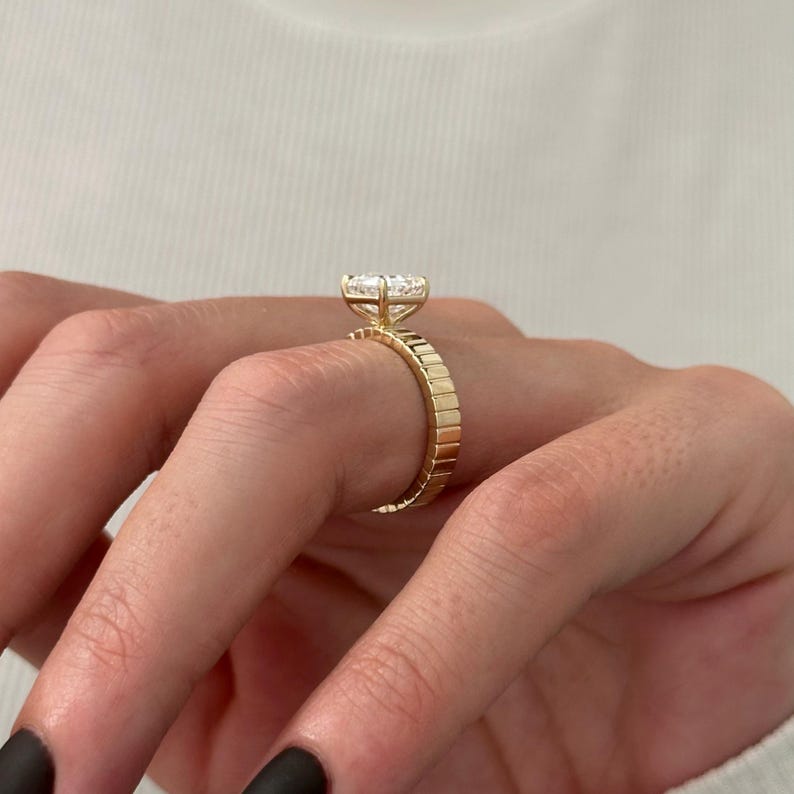 UNIQUE 2 Carat Asscher Cut Lab Grown Diamond Brick Band Solitaire Ring: 14k Yellow Gold Flush Fit 3.5MM Engagement Ring / Vintage Style Ring image 7
