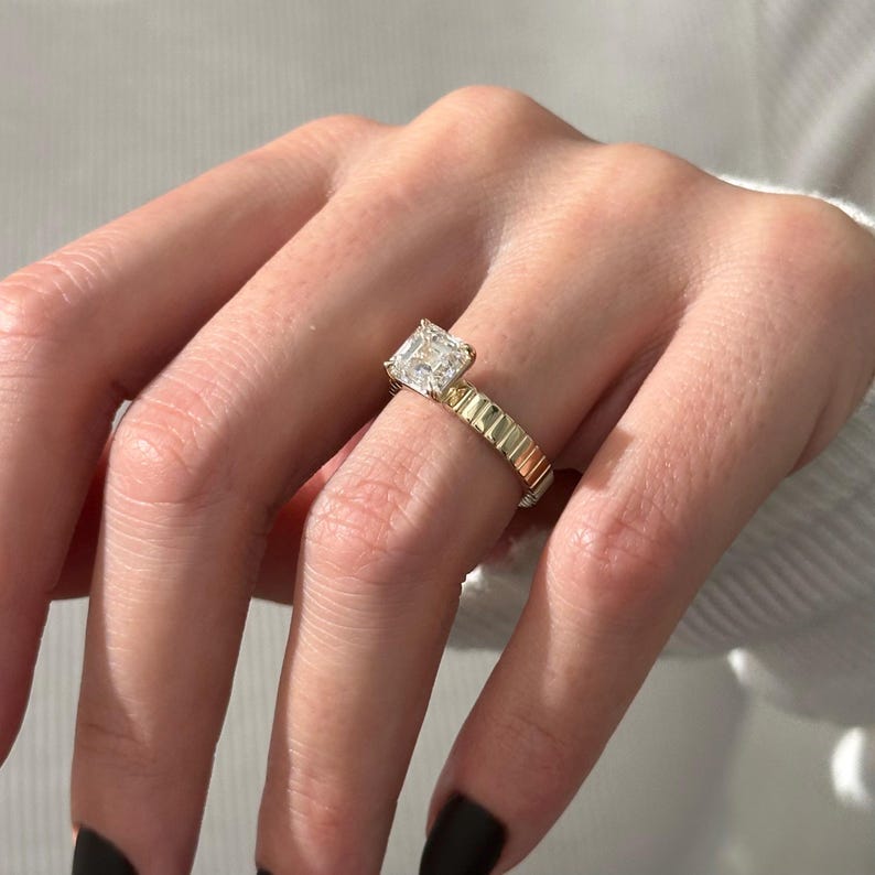 UNIQUE 2 Carat Asscher Cut Lab Grown Diamond Brick Band Solitaire Ring: 14k Yellow Gold Flush Fit 3.5MM Engagement Ring / Vintage Style Ring image 2