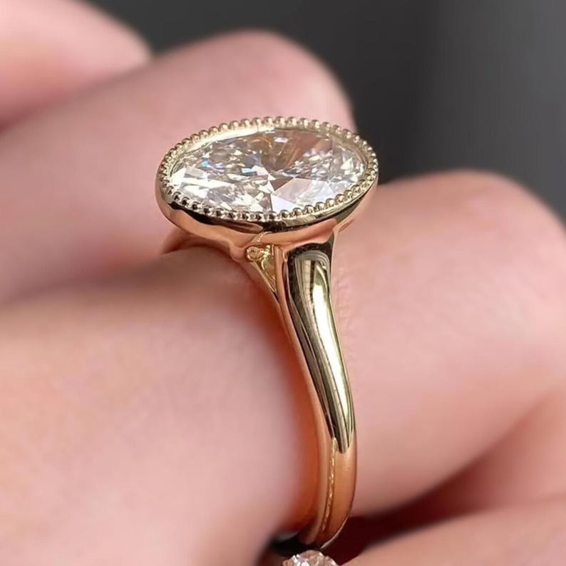 Oval Cut Lab Grown Diamond Bezel Ring, 14K Solid Gold Solitaire Engagement Ring image 3