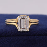 Load image into Gallery viewer, lab diamond ring, lab grown ring, emerald cut ring, emerald shape ring, emerald cut diamond, 3 carat diamond ring, lab grown diamond, igi certified ring, yellow gold bezel, valentine special, gift for her, double shank, 10k14k18k