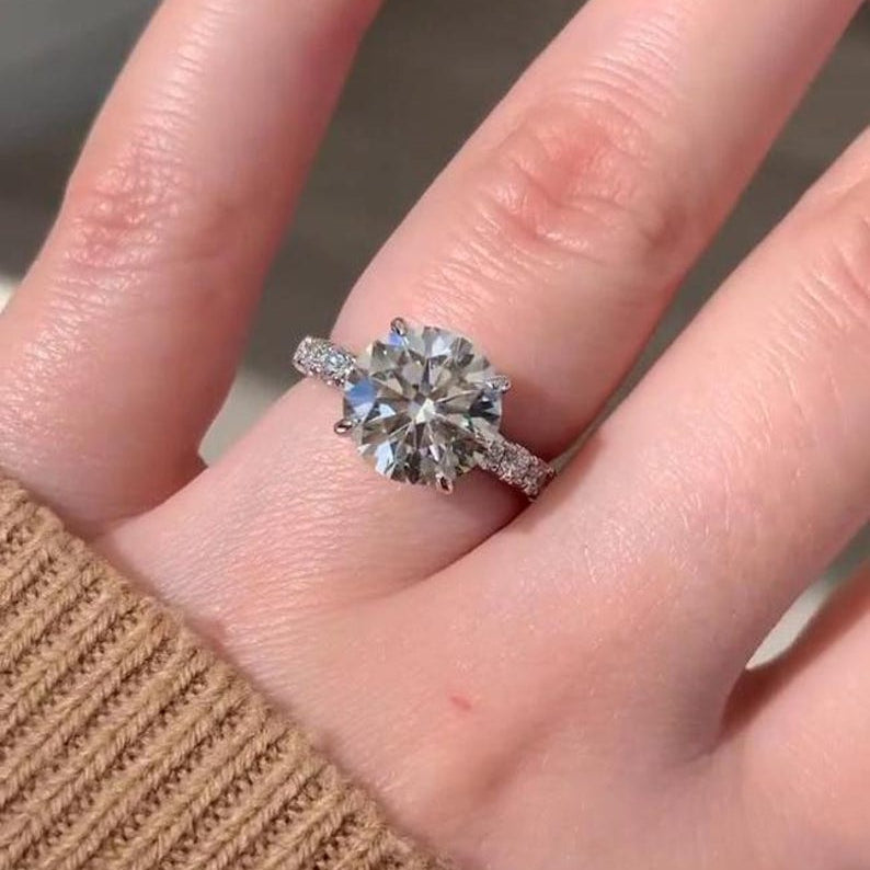 Big Diamond 3 Ct Round Cut Moissanite Engagement Ring, Vintage Pave Set, 4 Claw Prong Solid Gold Anniversary Ring, Ring For Birthday Gift image 3