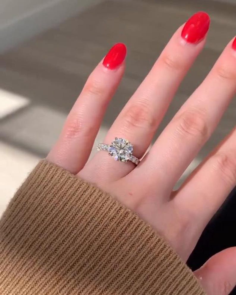 Big Diamond 3 Ct Round Cut Moissanite Engagement Ring, Vintage Pave Set, 4 Claw Prong Solid Gold Anniversary Ring, Ring For Birthday Gift image 7