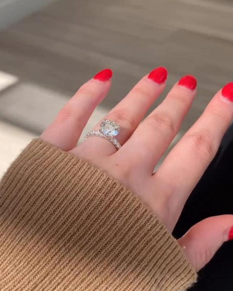Big Diamond 3 Ct Round Cut Moissanite Engagement Ring, Vintage Pave Set, 4 Claw Prong Solid Gold Anniversary Ring, Ring For Birthday Gift image 8