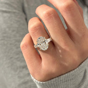 6 Carat Oval and Tapered Baguette Three Stone Ring in 14k Yellow Gold: Cathedral 3 Stone Engagement Ring, HUGH Oval Diamond Ring image 2