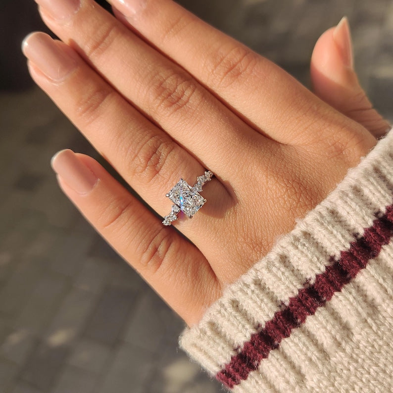 Lab grown radiant cut diamond ring with elegant hidden halo.