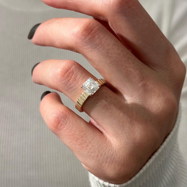 UNIQUE 2 Carat Asscher Cut Lab Grown Diamond Brick Band Solitaire Ring: 14k Yellow Gold Flush Fit 3.5MM Engagement Ring / Vintage Style Ring image 6