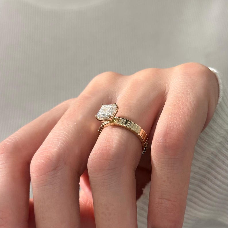 UNIQUE 2 Carat Asscher Cut Lab Grown Diamond Brick Band Solitaire Ring: 14k Yellow Gold Flush Fit 3.5MM Engagement Ring / Vintage Style Ring image 5