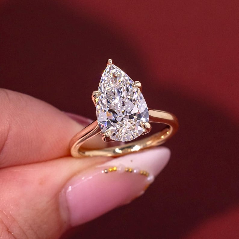 Tulip Pear Lab Diamond Engagement Ring Plain Band E VS IGI image 2