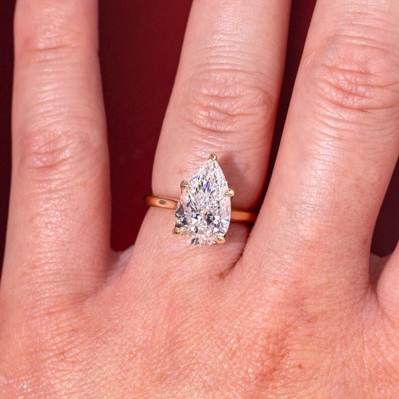 Tulip Pear Lab Diamond Engagement Ring Plain Band E VS IGI image 3