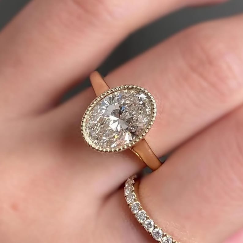 Oval Cut Lab Grown Diamond Bezel Ring, 14K Solid Gold Solitaire Engagement Ring image 4