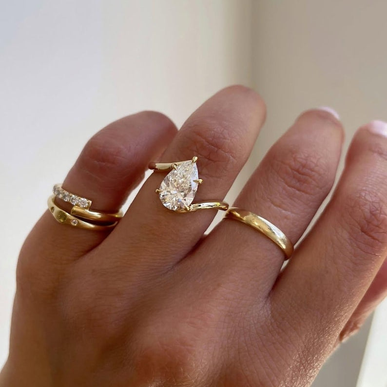 East West Pear Engagement Ring, Colourless Pear Moissanite Diamond, Bezel Set Horizontal Bypass 14K Gold image 1