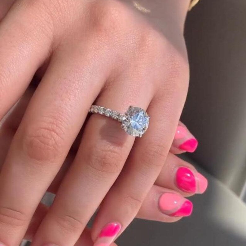 Big Diamond 3 Ct Round Cut Moissanite Engagement Ring, Vintage Pave Set, 4 Claw Prong Solid Gold Anniversary Ring, Ring For Birthday Gift image 2