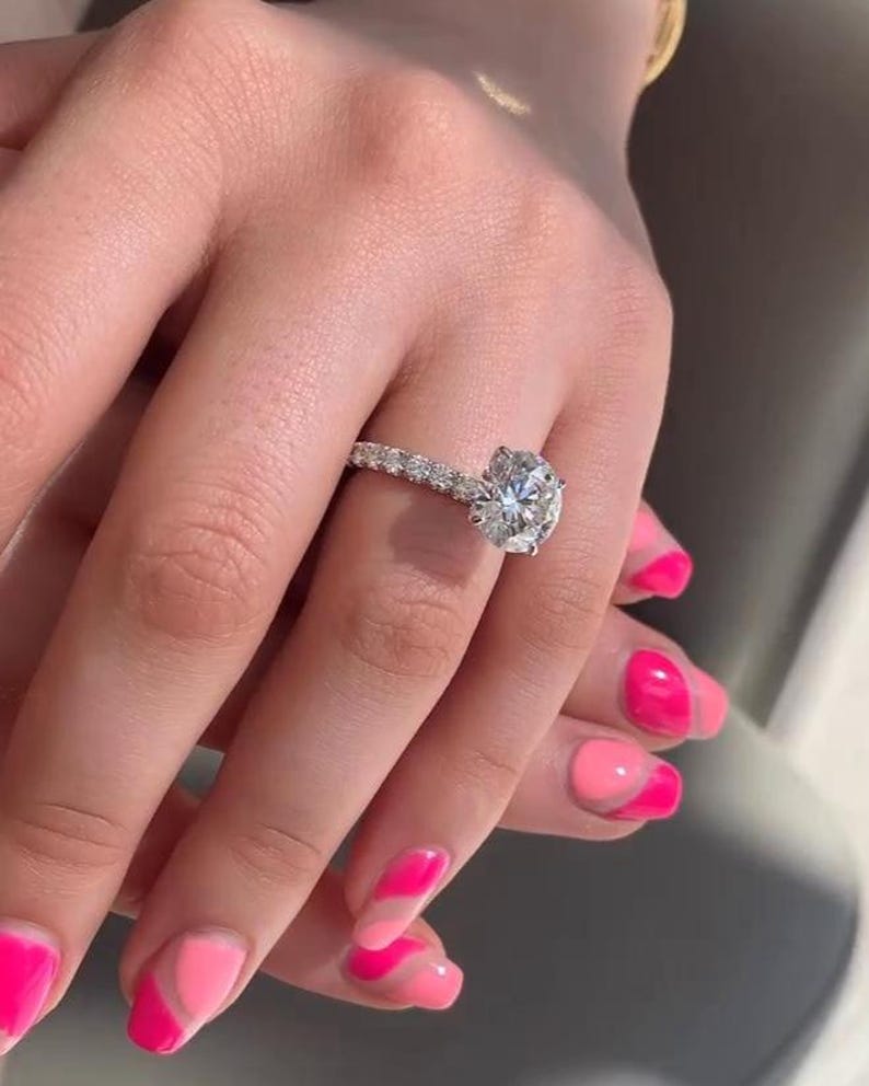 Big Diamond 3 Ct Round Cut Moissanite Engagement Ring, Vintage Pave Set, 4 Claw Prong Solid Gold Anniversary Ring, Ring For Birthday Gift image 4
