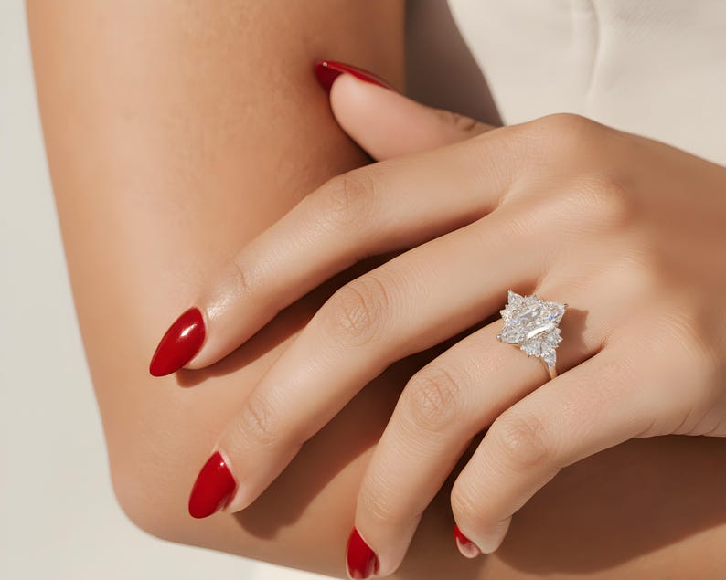 1 Ct Marquise Cut Moissanite ring , 14k Gold Cluster Engagement ring, Vintage Inspired