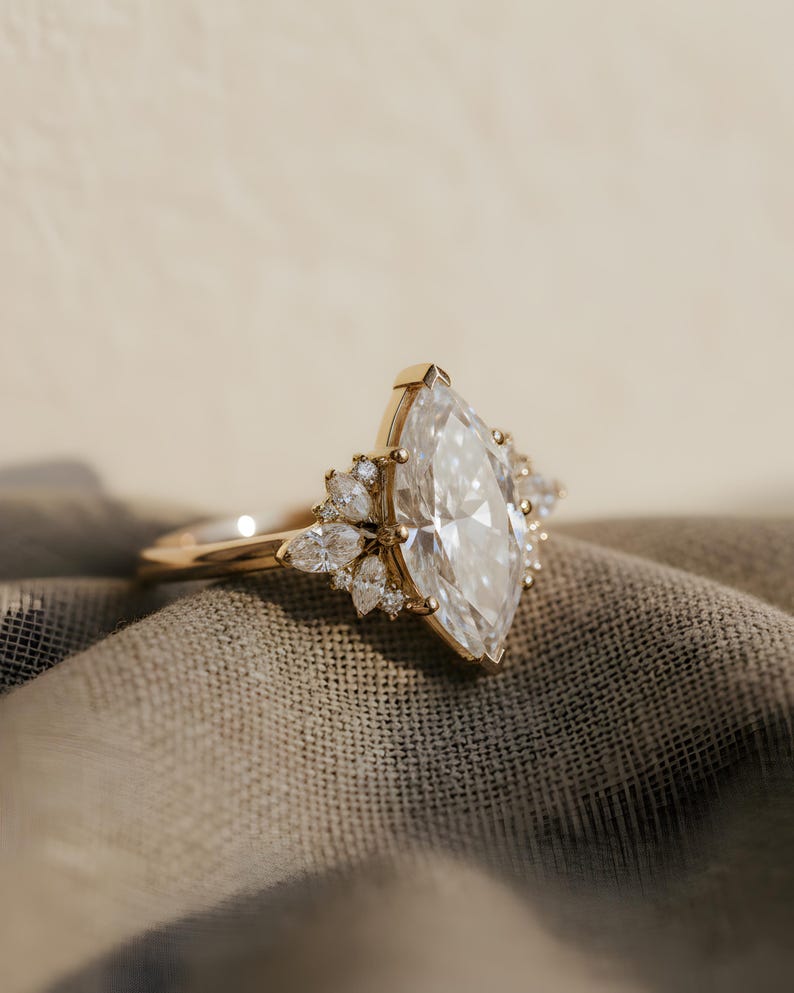 1 Ct Marquise Cut Moissanite ring , 14k Gold Cluster Engagement ring, Vintage Inspired