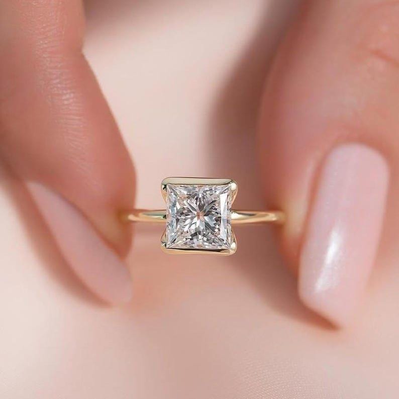 Half Bezel Set 2CT Princess Cut Moissanite Engagement Ring, Solitaire 14k Gold Square Cut Anniversary Ring, Modern Proposal Ring For Her image 7