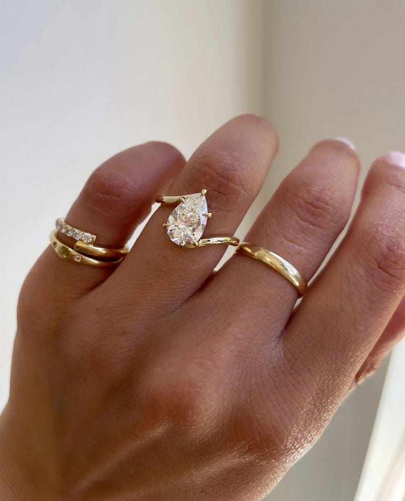 East West Pear Engagement Ring, Colourless Pear Moissanite Diamond, Bezel Set Horizontal Bypass 14K Gold image 3