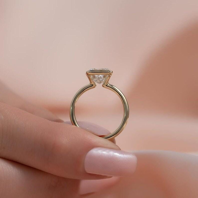 Half Bezel Set 2CT Princess Cut Moissanite Engagement Ring, Solitaire 14k Gold Square Cut Anniversary Ring, Modern Proposal Ring For Her image 3