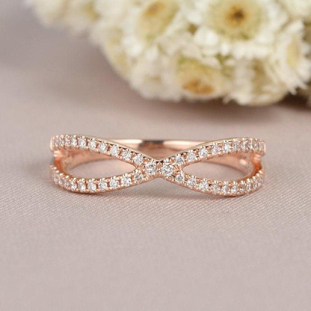 INFINITY ROSE GOLD RING HALF ETERNITY MINIMALIST WEDDING BANDS MATCHING BAND MOISSANITE RING