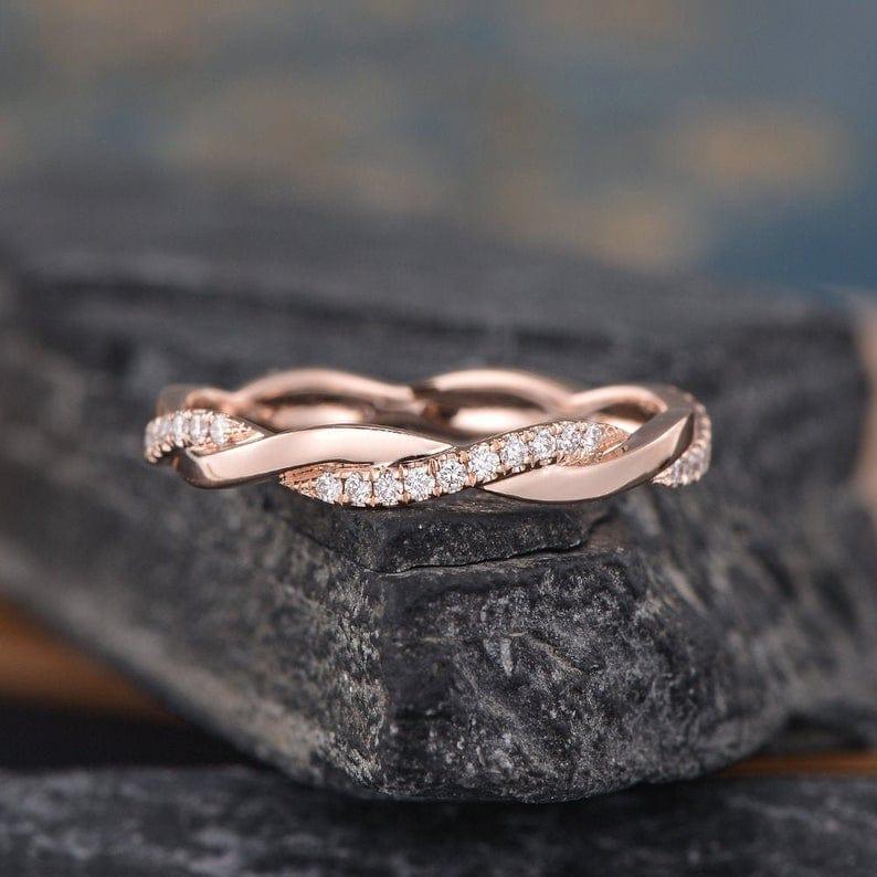 INFINITY TWIST ROSE GOLD MATCHING DELICATE DAINTY MOISSANITE WEDDING BAND FOR WOMEN