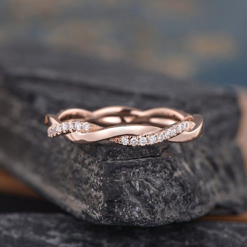 INFINITY TWIST ROSE GOLD MATCHING DELICATE DAINTY MOISSANITE WEDDING BAND FOR WOMEN