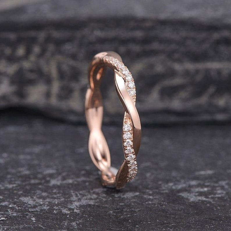 INFINITY TWIST ROSE GOLD MATCHING DELICATE DAINTY MOISSANITE WEDDING BAND FOR WOMEN