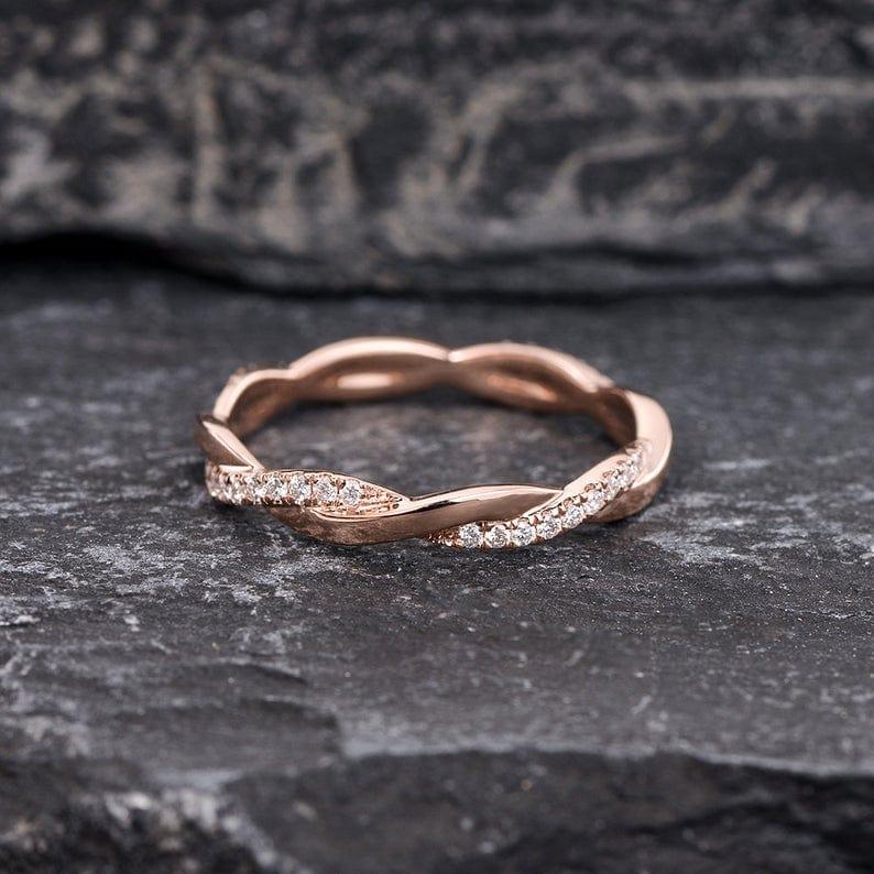 INFINITY TWIST ROSE GOLD MATCHING DELICATE DAINTY MOISSANITE WEDDING BAND FOR WOMEN