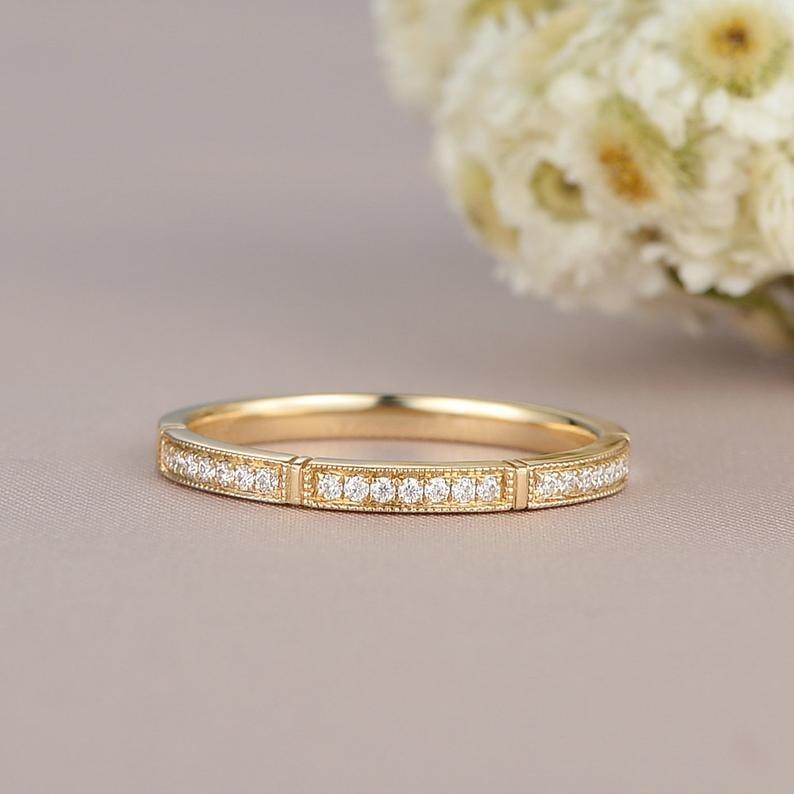 MILGRAIN YELLOW GOLD HALF ETERNITY MINIMALIST BRIDAL STACKING MOISSANITE WEDDING BAND