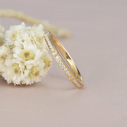 MILGRAIN YELLOW GOLD HALF ETERNITY MINIMALIST BRIDAL STACKING MOISSANITE WEDDING BAND