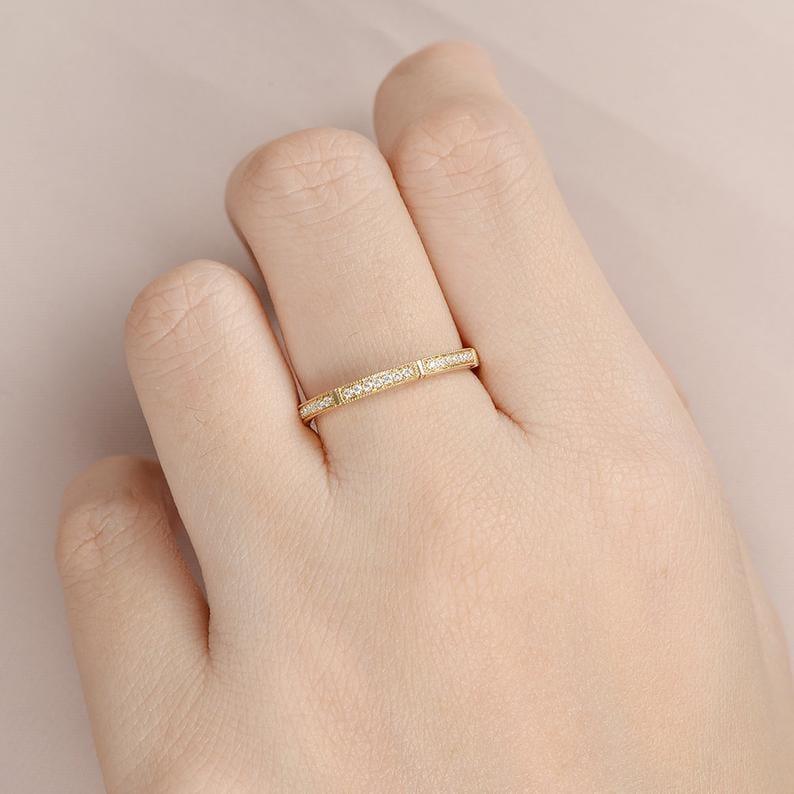 MILGRAIN YELLOW GOLD HALF ETERNITY MINIMALIST BRIDAL STACKING MOISSANITE WEDDING BAND