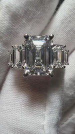 Load and play video in Gallery viewer, Certified 14K Gold 4.5CT F VVS2 2EX Lab Grown Emerald Cut Diamond Engagement Ring