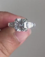 Load and play video in Gallery viewer, 3 CT Asscher Cut Lab Grown Diamond Engagement Ring, Asscher Three Stone Side Tapered Baguette Wedding Ring