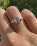 Load and play video in Gallery viewer, 1.5 CT Asscher Cut Lab Grown Diamond Engagement Ring, Bezel Set Three Stone Ring
