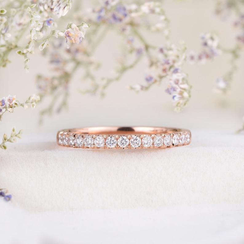 ROSE GOLD HALF ETERNITY 2MM WIDE STACKING MOISSANITE WEDDING BAND GIFT FOR HER