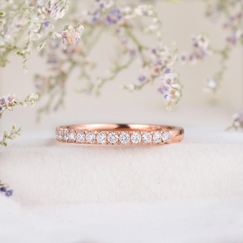 ROSE GOLD HALF ETERNITY 2MM WIDE STACKING MOISSANITE WEDDING BAND GIFT FOR HER