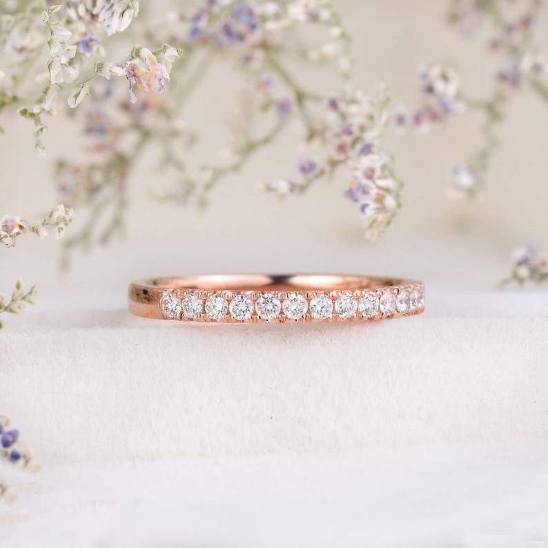 ROSE GOLD HALF ETERNITY 2MM WIDE STACKING MOISSANITE WEDDING BAND GIFT FOR HER