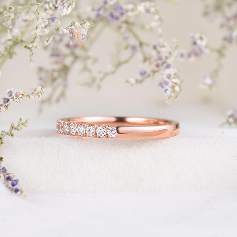 ROSE GOLD HALF ETERNITY 2MM WIDE STACKING MOISSANITE WEDDING BAND GIFT FOR HER