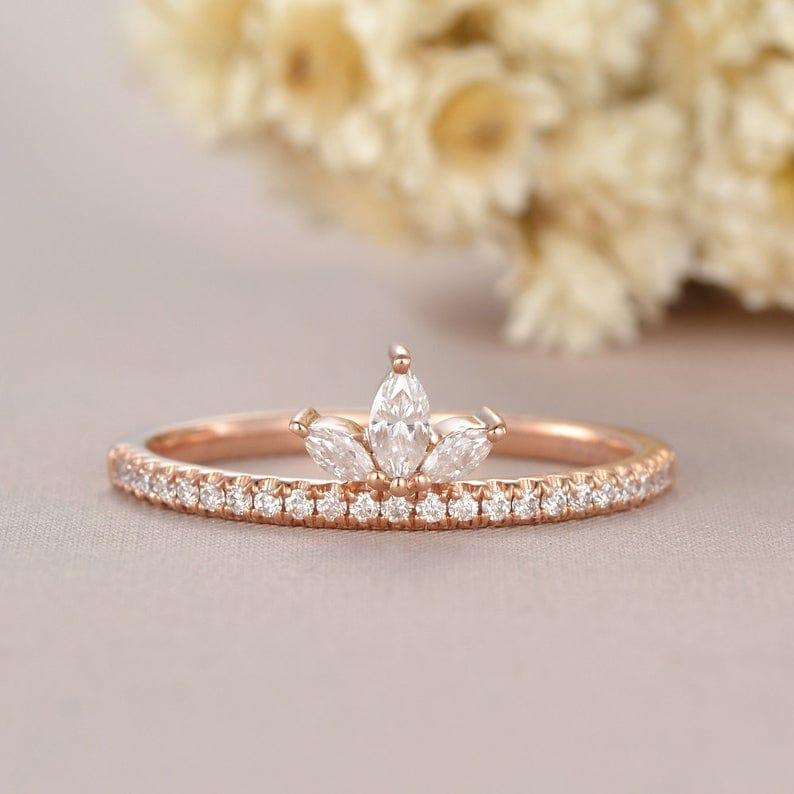 ROSE GOLD MARQUISE CUT CLUSTER TEAR DROP HALF ETERNITY MOISSANITE WEDDING BAND GIFT FOR HER