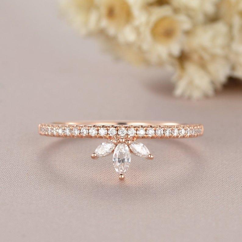 ROSE GOLD MARQUISE CUT CLUSTER TEAR DROP HALF ETERNITY MOISSANITE WEDDING BAND GIFT FOR HER