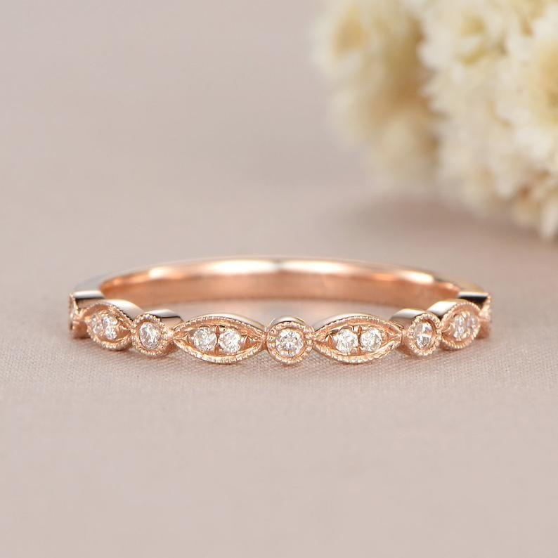 ROSE GOLD ROUND CUT ART DECO HALF ETERNITY MILGRAIN STACKING MOISSANITE WEDDING BAND