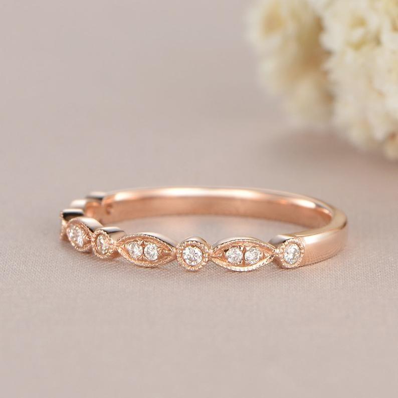 ROSE GOLD ROUND CUT ART DECO HALF ETERNITY MILGRAIN STACKING MOISSANITE WEDDING BAND