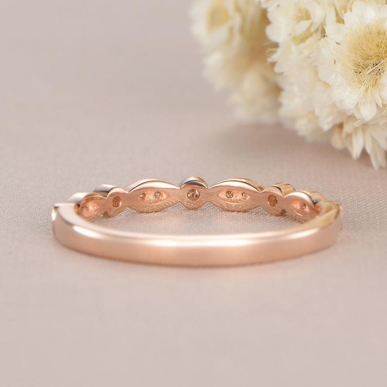 ROSE GOLD ROUND CUT ART DECO HALF ETERNITY MILGRAIN STACKING MOISSANITE WEDDING BAND