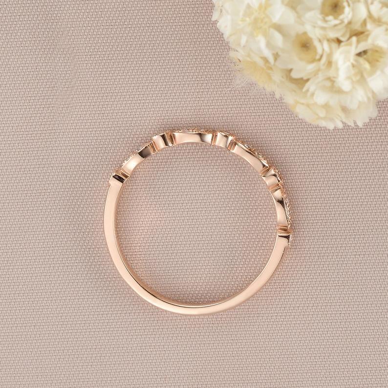 ROSE GOLD ROUND CUT ART DECO HALF ETERNITY MILGRAIN STACKING MOISSANITE WEDDING BAND